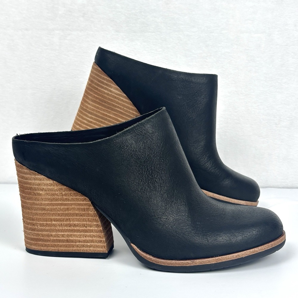 Kork-Ease Black Leather Mule Challis Booties Women 9.5M Stacked Block Heel NEW